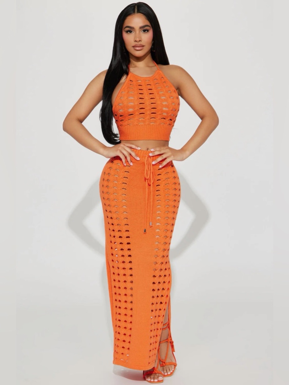 Fashion Nova Orange Crochet Maxi Skirt Set